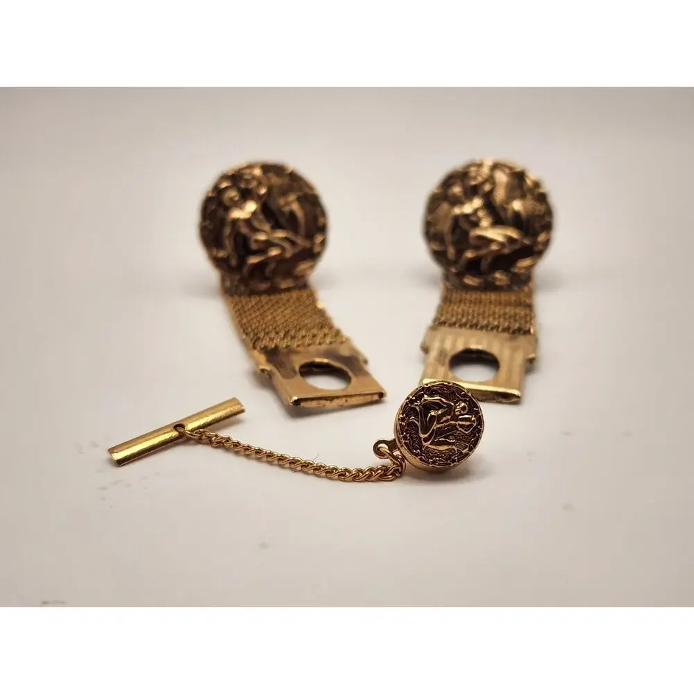 Vintage Swank Zodiac Horoscope Gold Tone Mesh Cufflinks & Tie / Lapel Pin